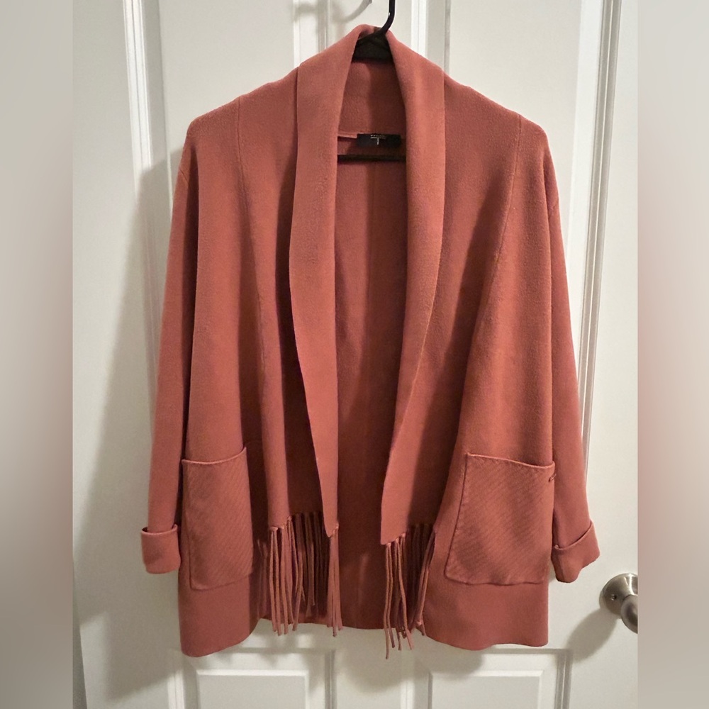 Tahari Women's Brown/Pink Fringe Hem Cardigan Sweater Size S